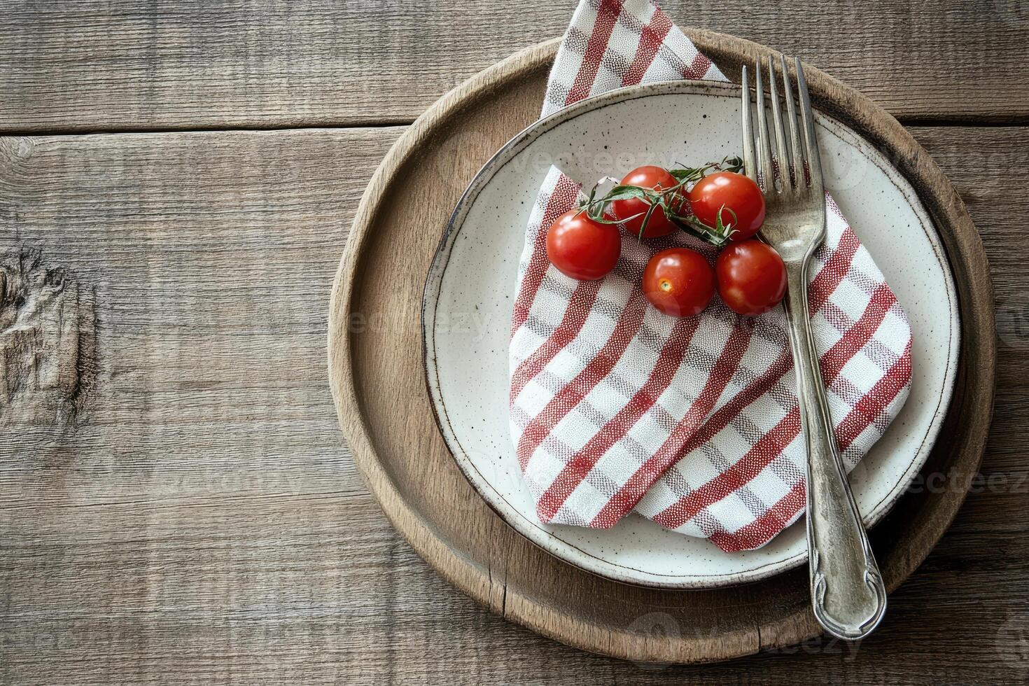 A rustic table setting with fresh tomatoes photo