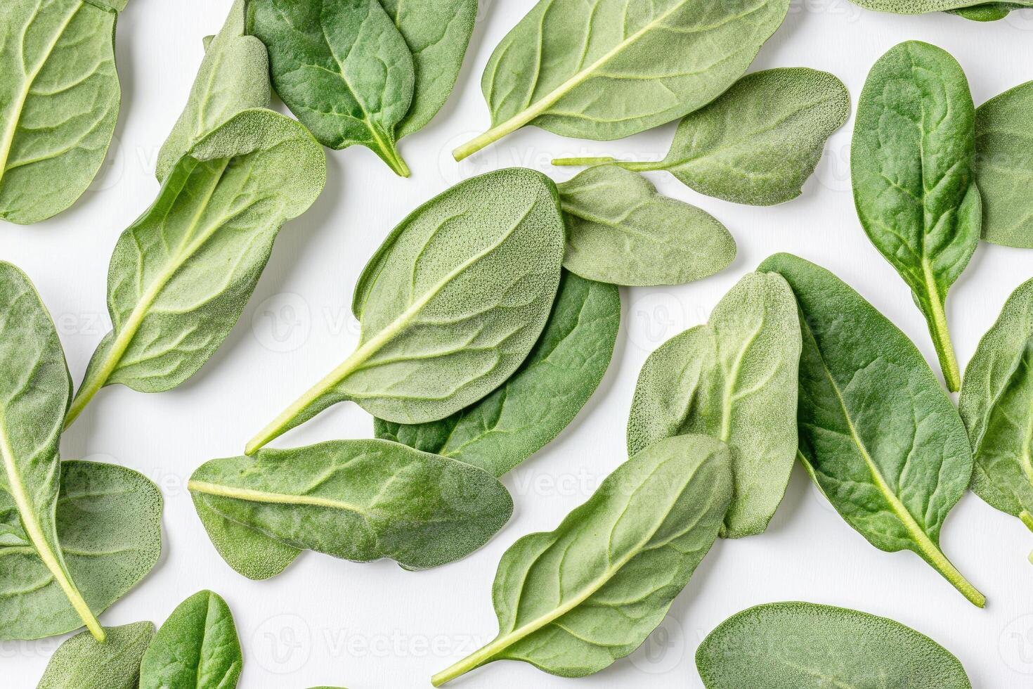 Fresh spinach leaves arranged on white background photo
