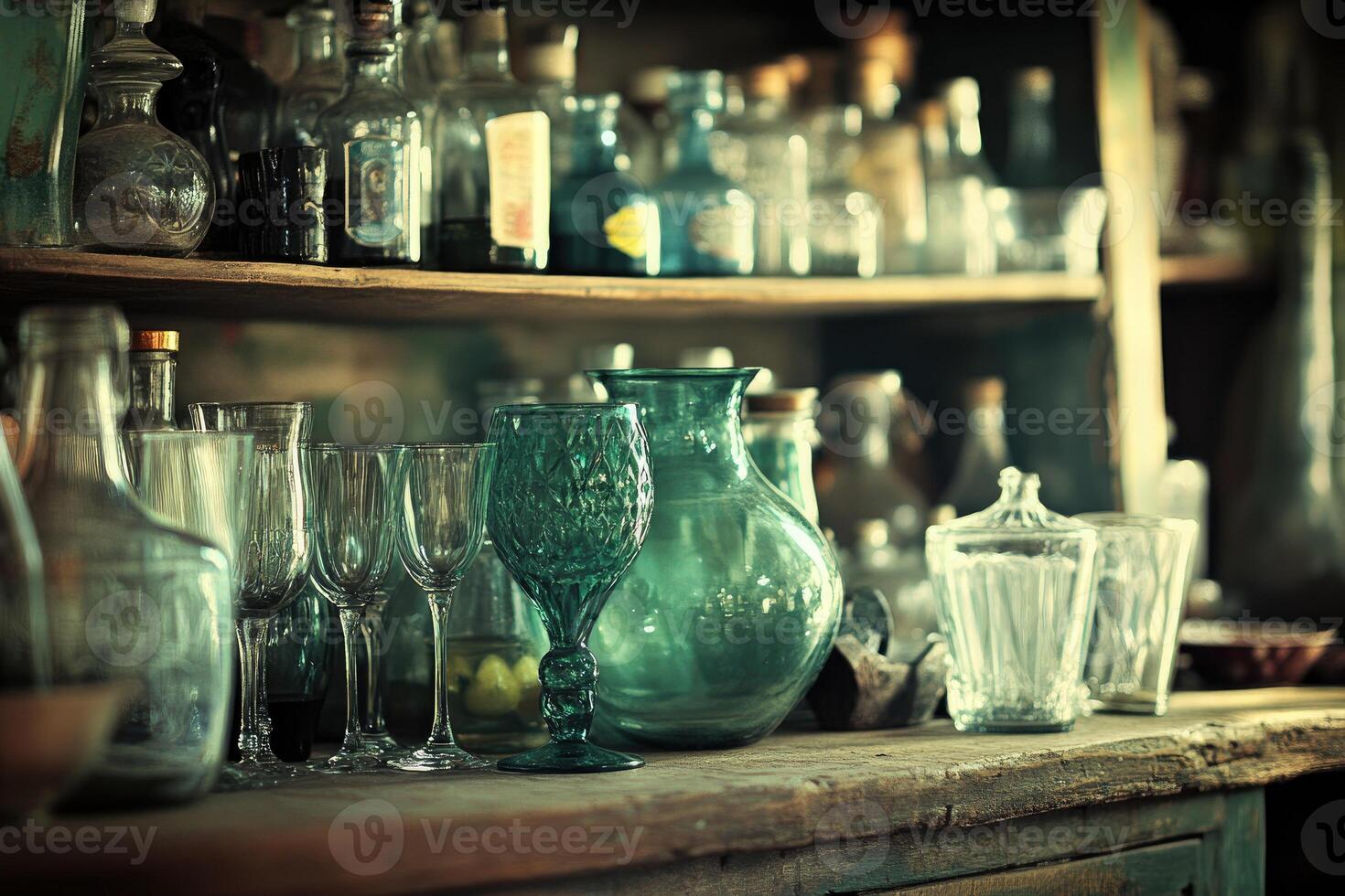 Vintage glassware and bottles on antique shelves photo