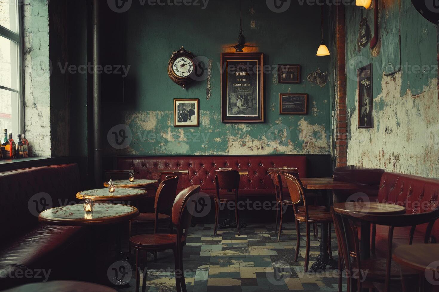 Rustic cafe interior with vintage charm photo