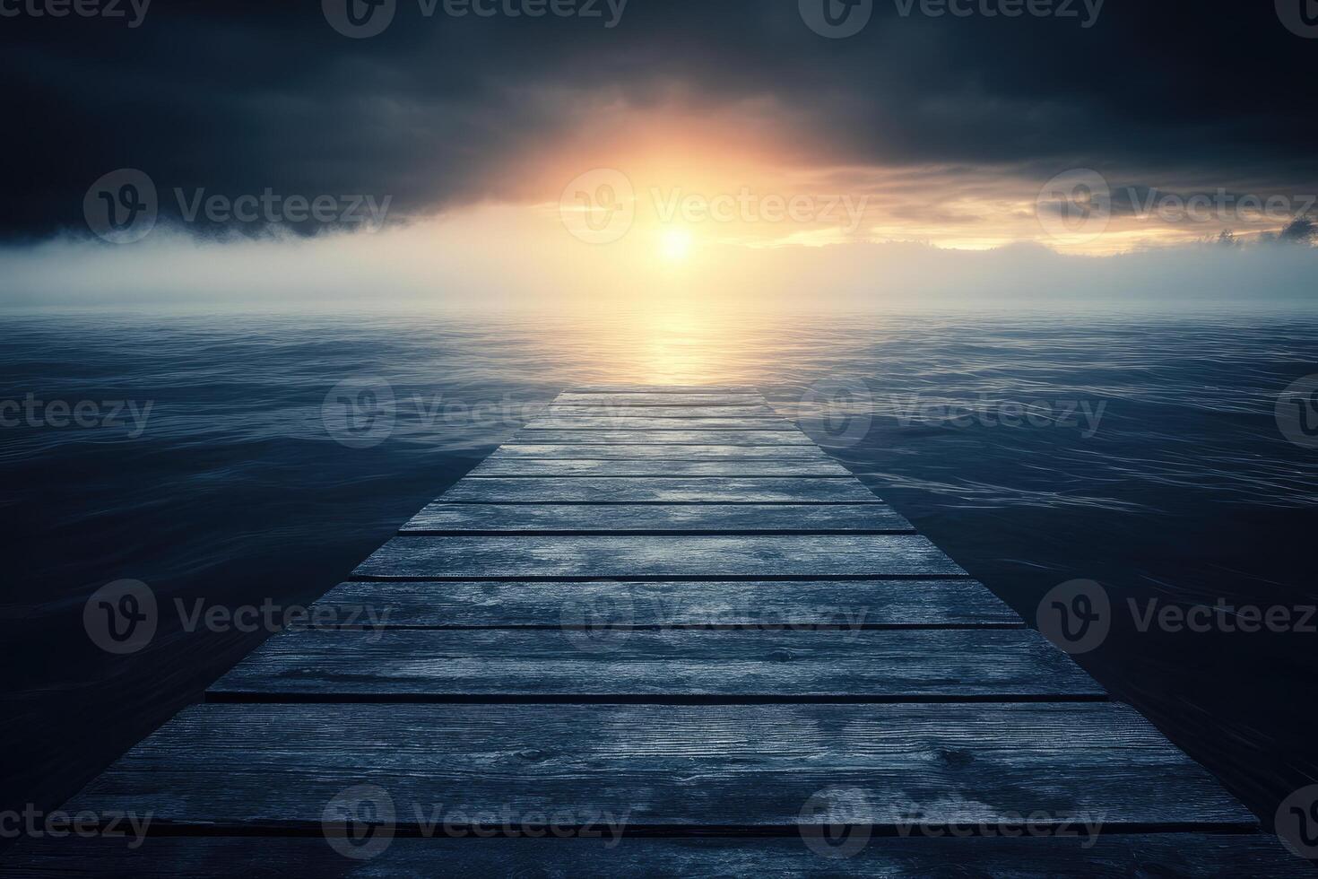 A wooden pier stretches into a mystical sunrise photo