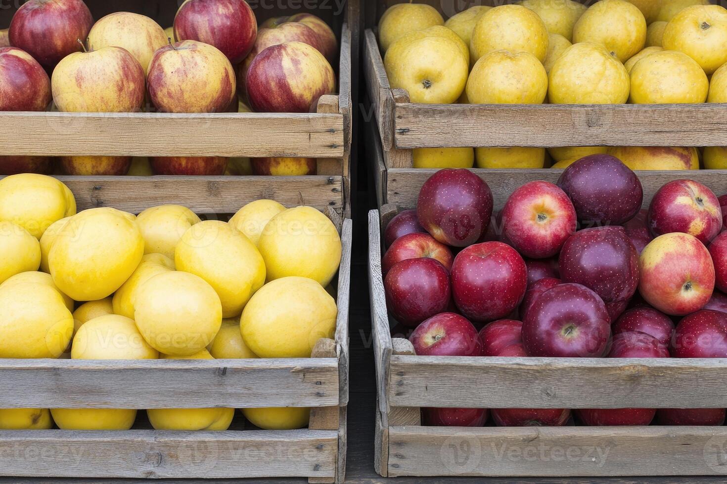 Fresh apples and pears in wooden crates photo
