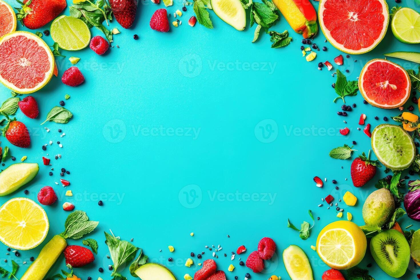 Colorful fruit border on vibrant turquoise background photo