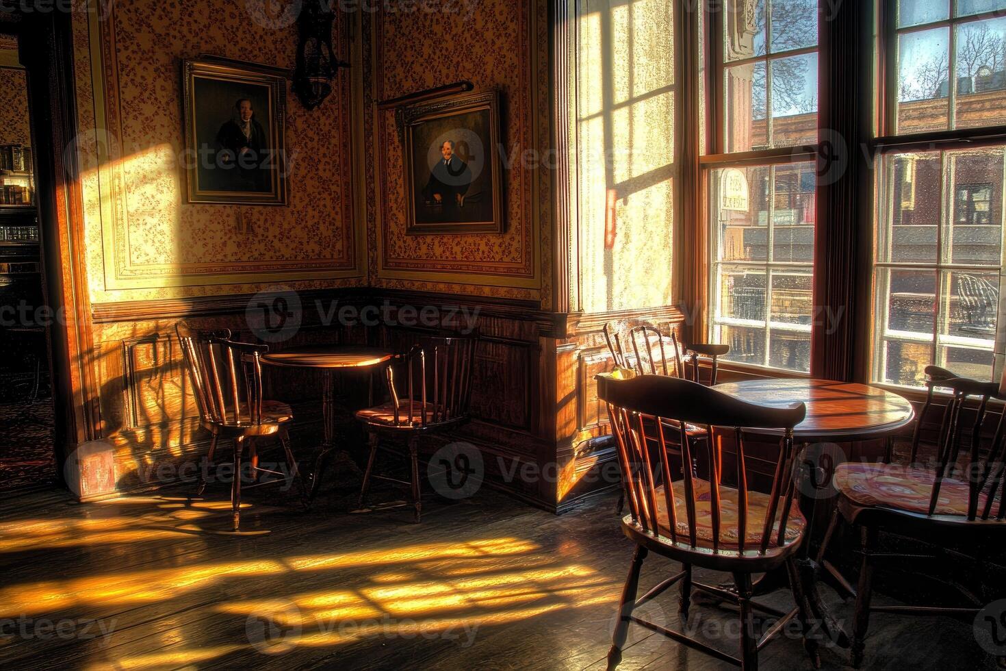 Sunlit corner room with antique furniture and portraits photo