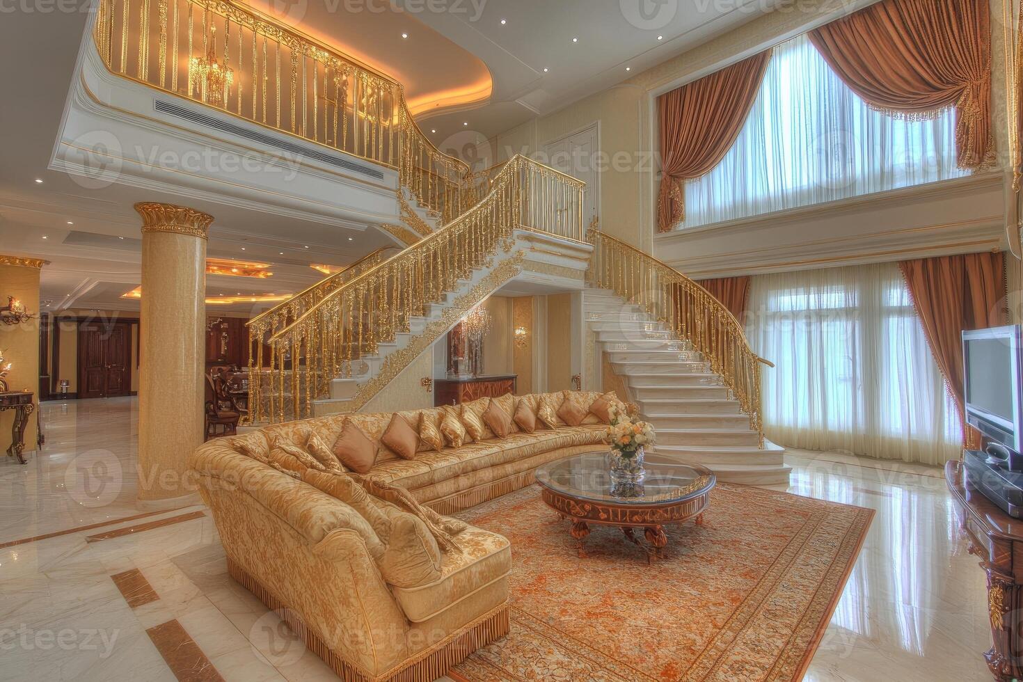 Luxurious, two-story living room with opulent gold accents, a grand staircase, and large windows photo