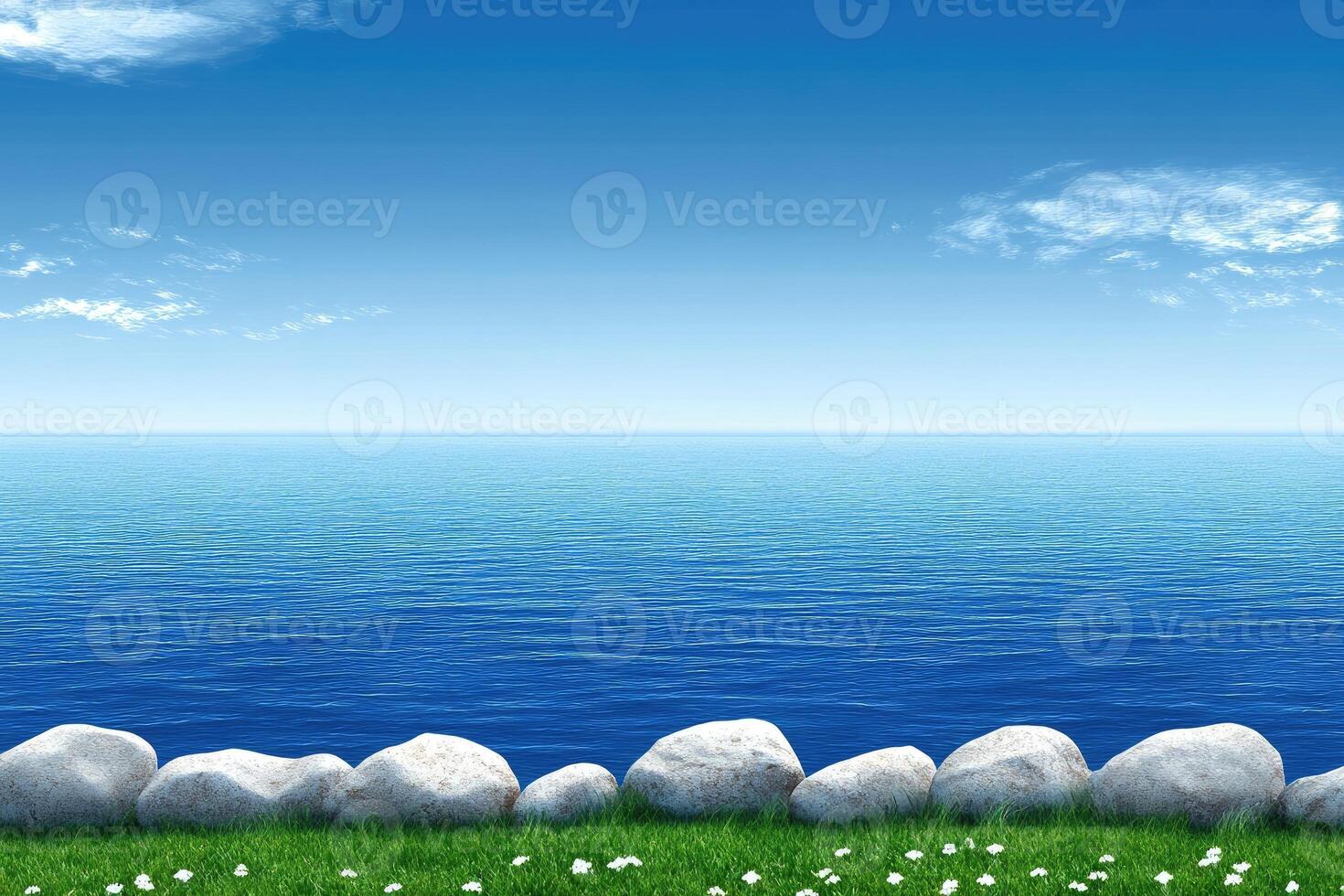 Tranquil coastal scene with a vast blue ocean and a grassy embankment lined with rocks under a clear sky photo
