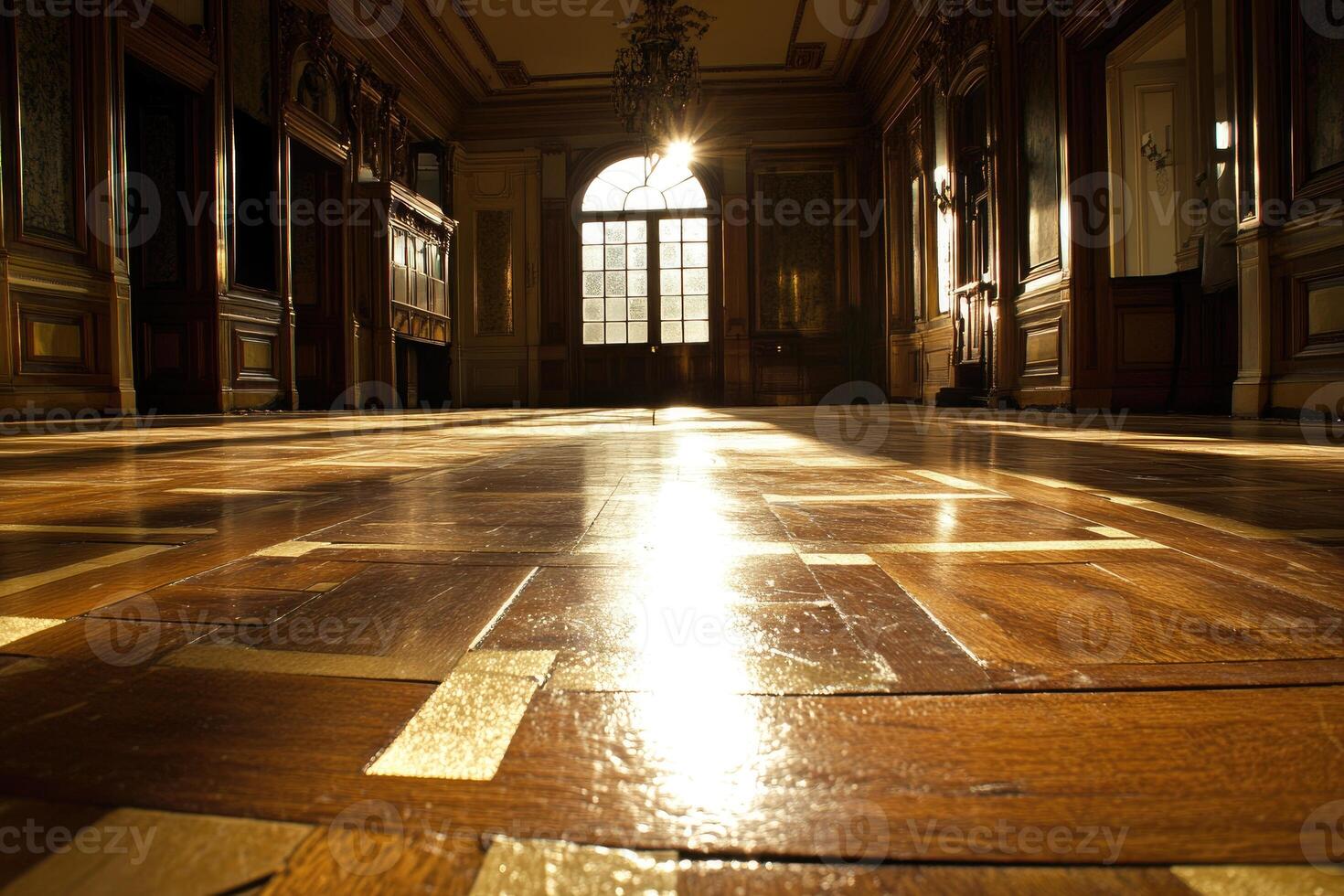 Sunlit grand hall with polished wooden floor photo