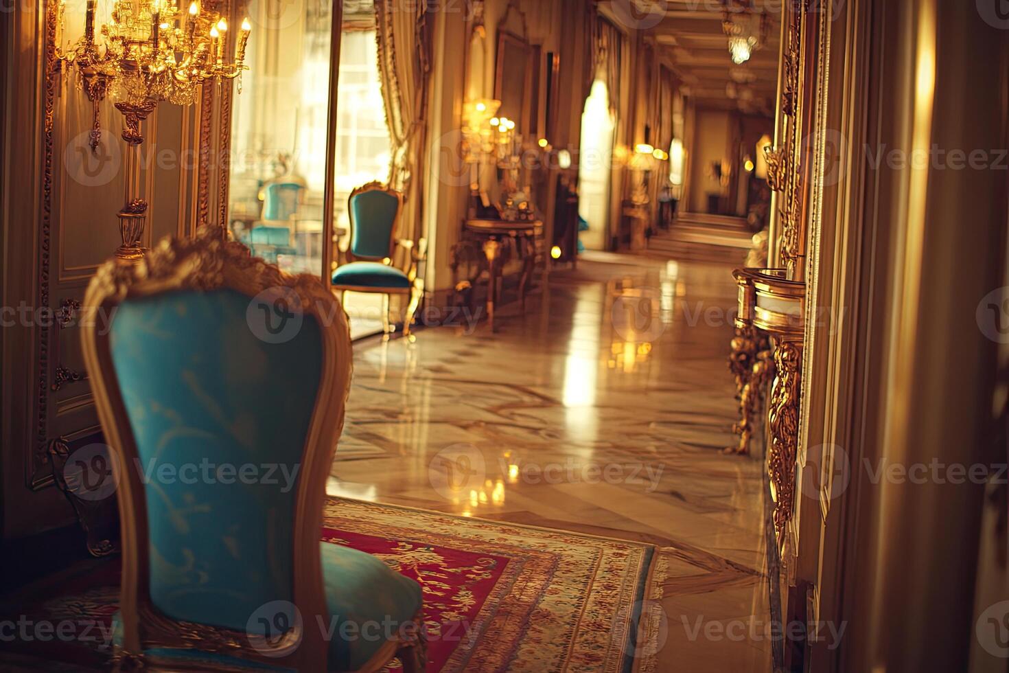 Luxurious palace hallway, opulent furnishings photo