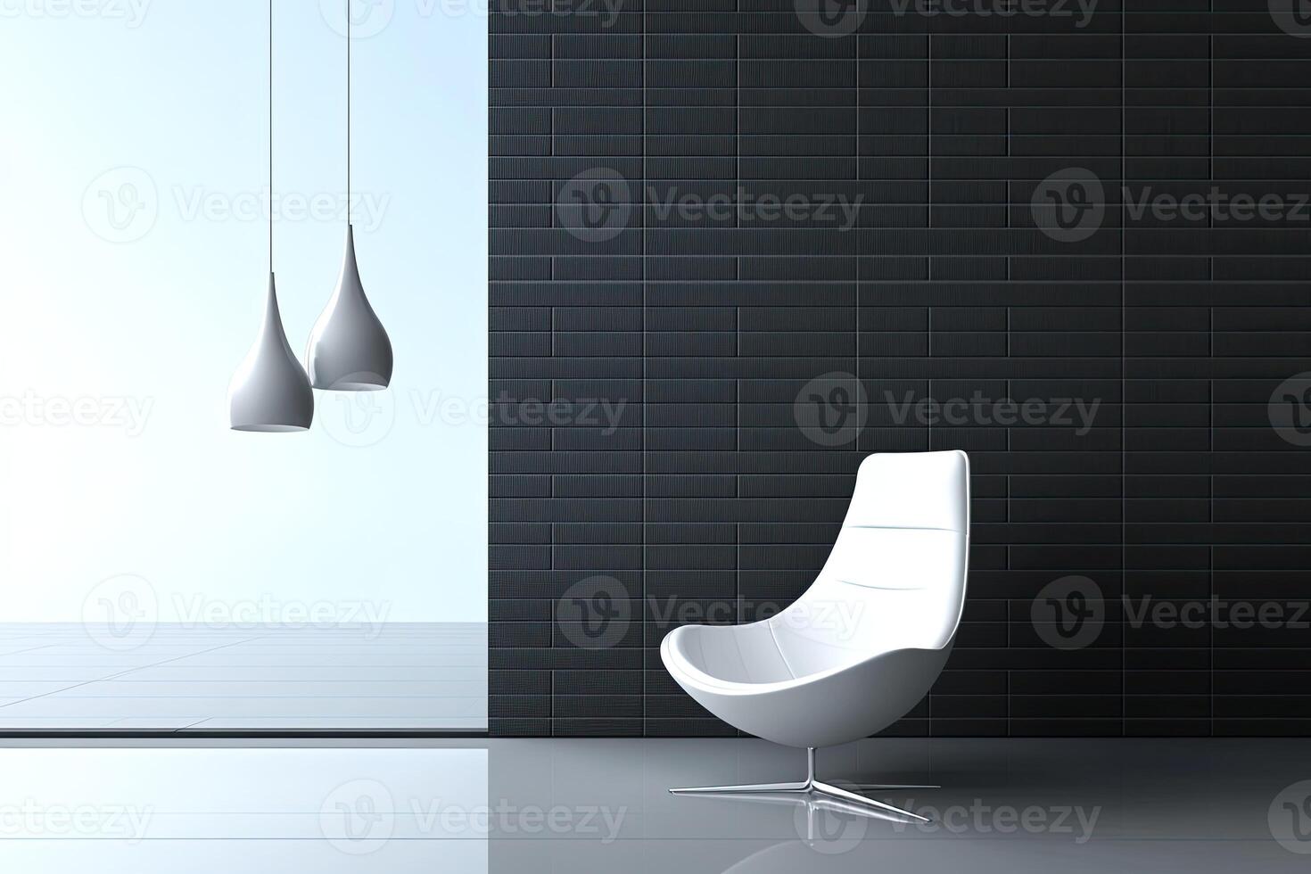 Modern minimalist interior with a white chair and pendant lights photo