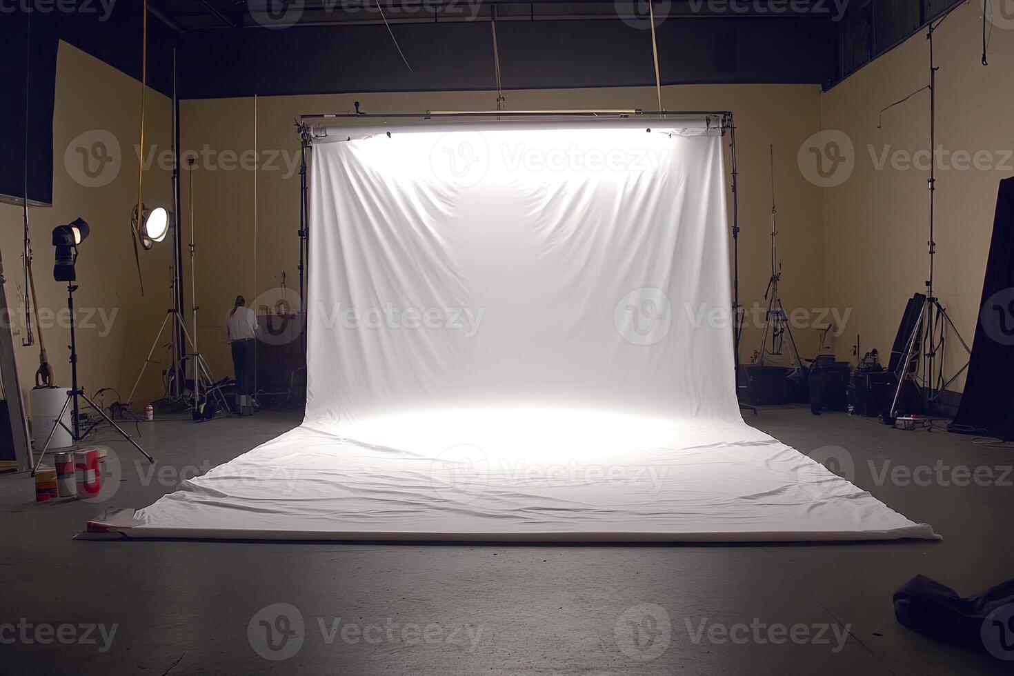 Empty studio with large white backdrop photo