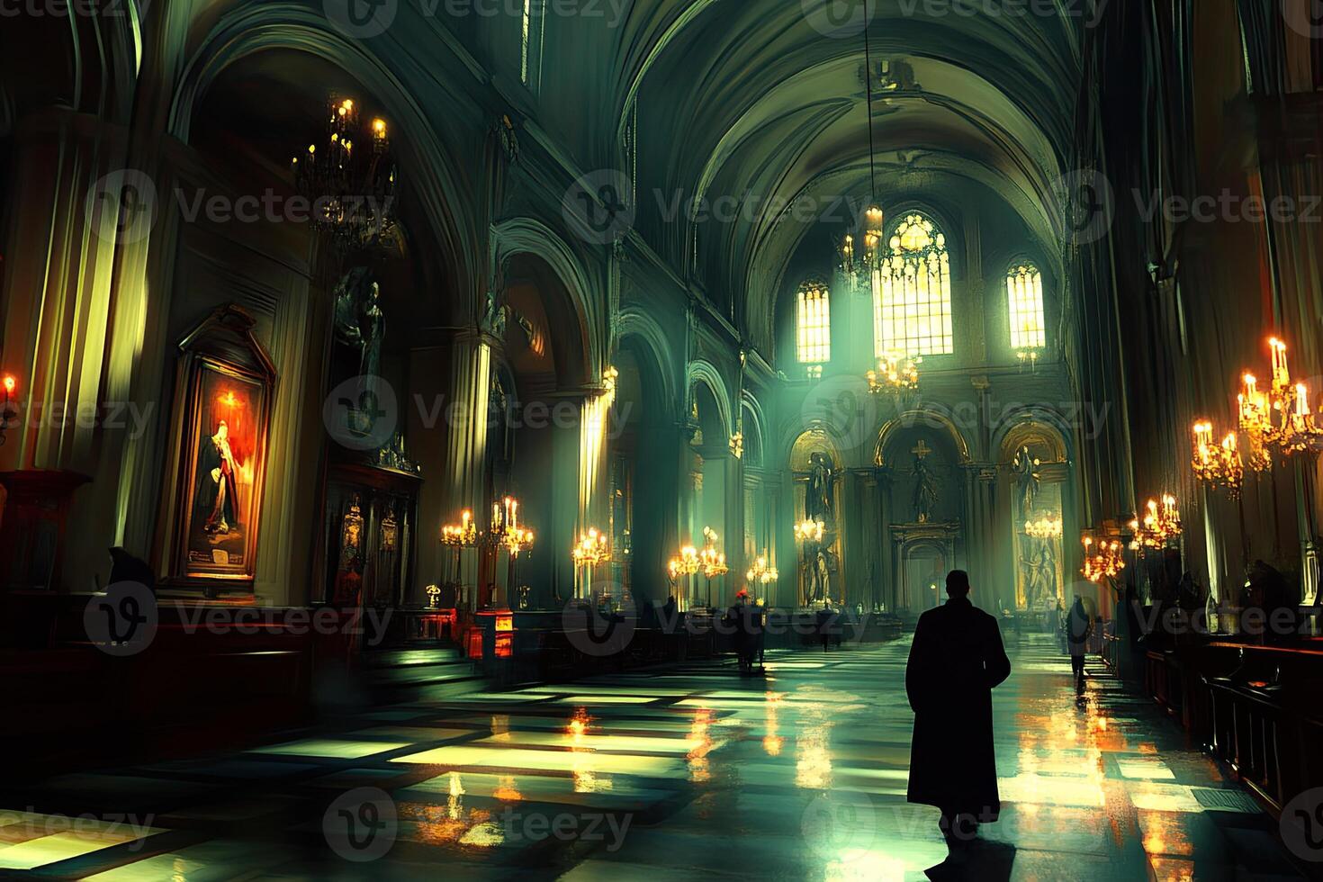 Grand cathedral interior, dimly lit, walking figure photo