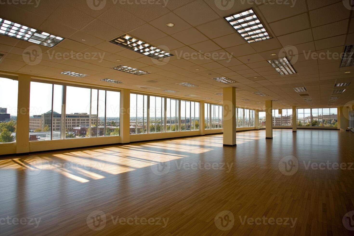 Empty, sunlit office space with expansive windows photo