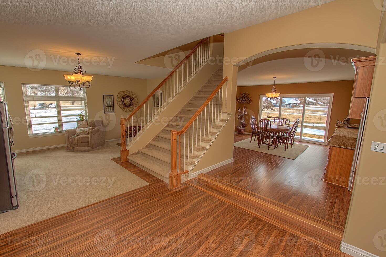 Open-concept home interior, featuring a staircase, dining area, and living space photo