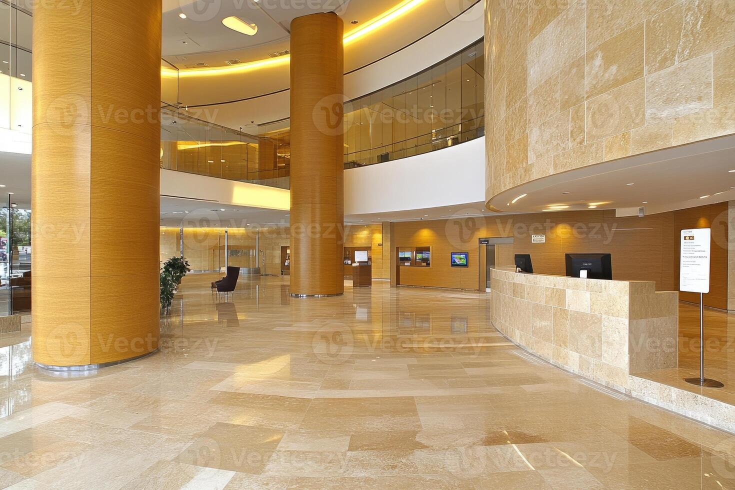 Modern, spacious lobby with warm tones photo