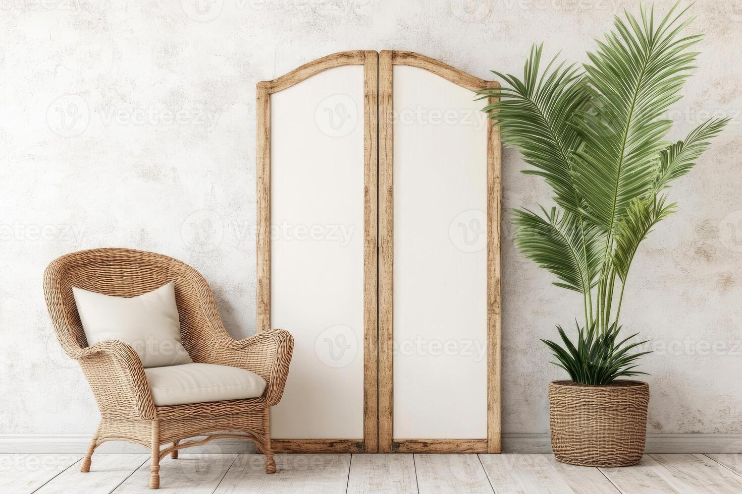 Rustic, light-filled room with wicker chair and double doors photo