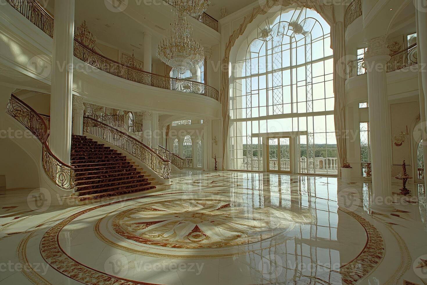 Grand mansion foyer with ornate details photo