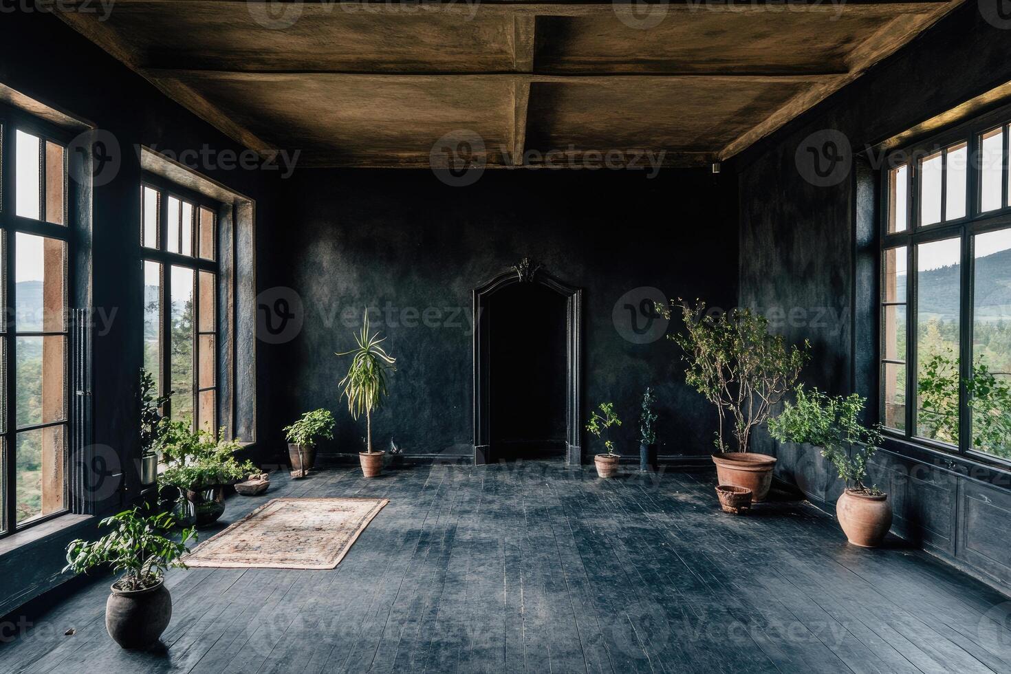 Empty room with dark walls, large windows, and potted plants photo