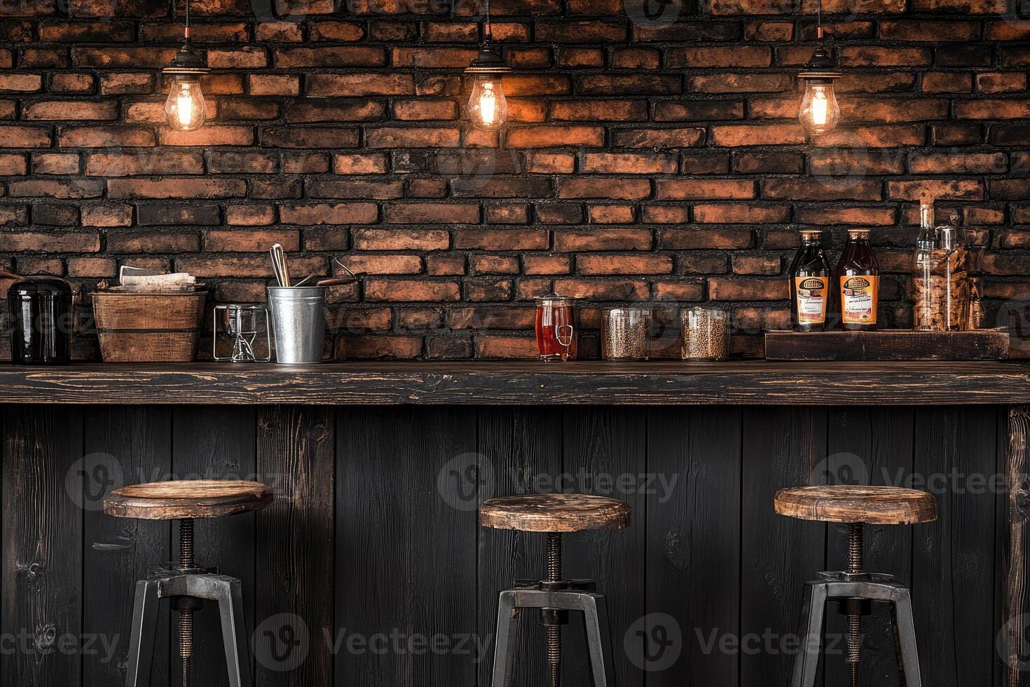 Rustic bar interior with brick wall photo