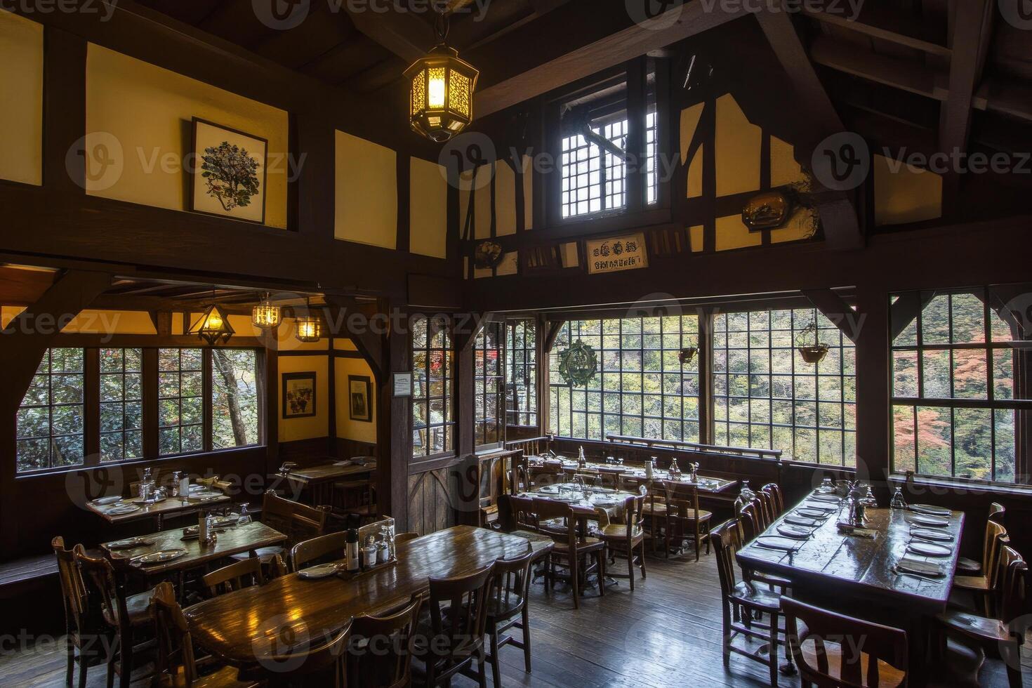 Rustic Dining Hall with Wooden Beams photo