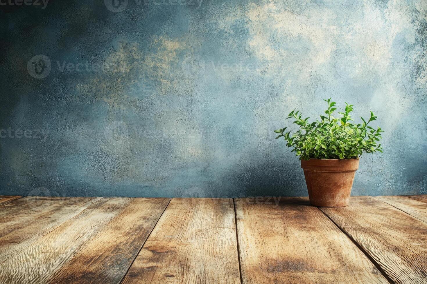 Rustic wooden table with potted herb photo