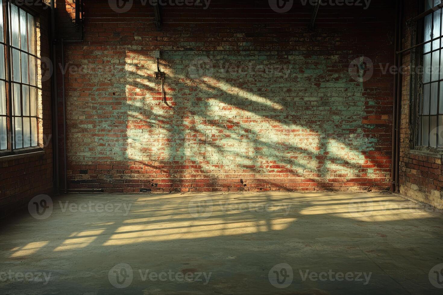 An empty room with a brick wall and windows photo