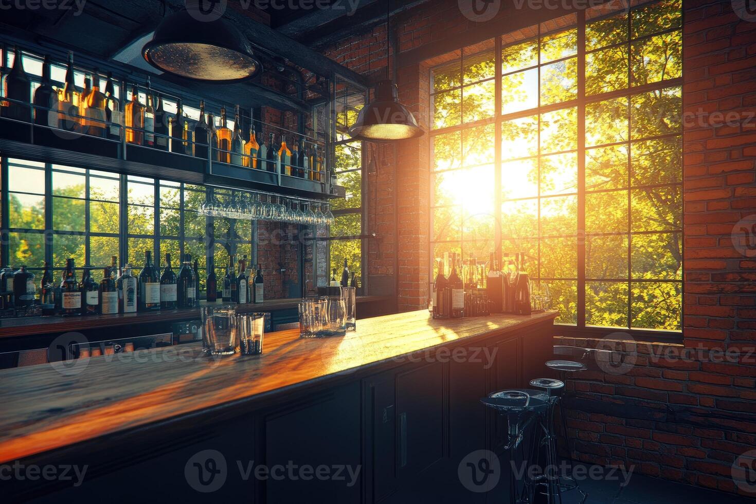Industrial bar with large windows bathed in sunlight photo