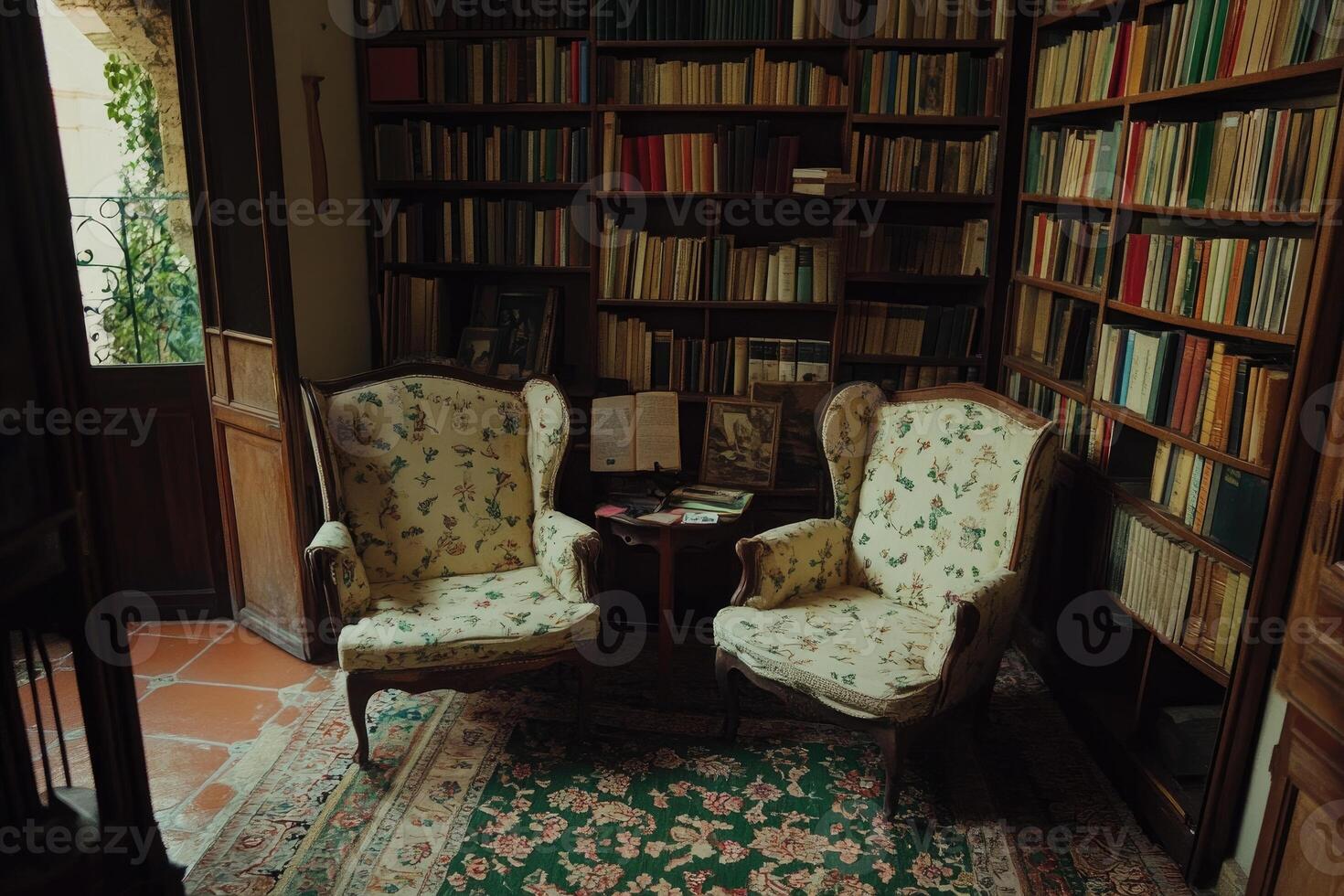 Cozy library nook with antique armchairs photo
