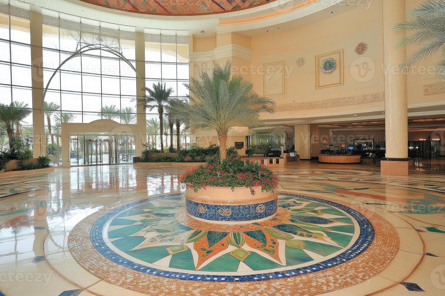 Grand hotel lobby with circular tiled floor design photo