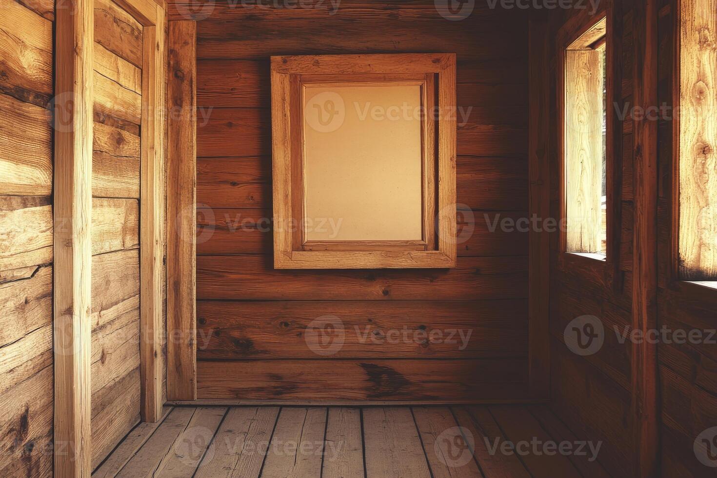 Wooden cabin interior with blank framed art photo