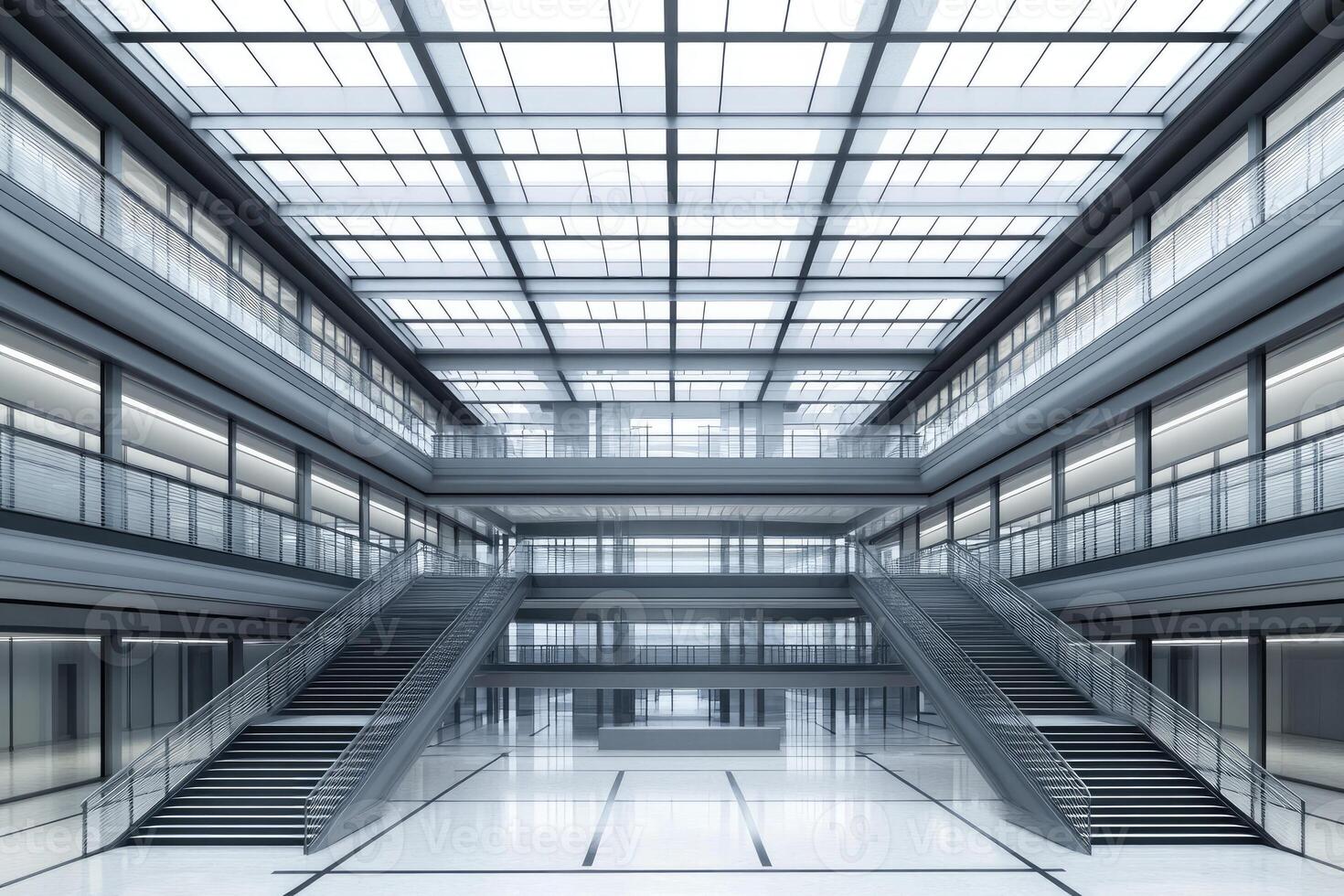 Modern, multi-level interior. Vast open space with glass roof and metal framework photo