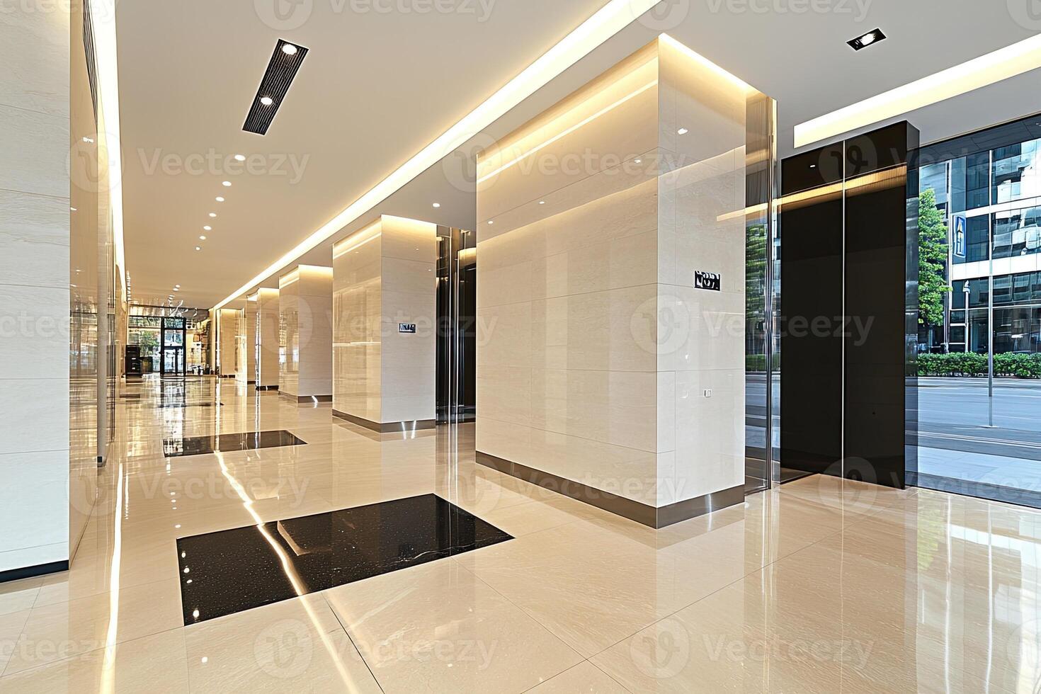 Modern, spacious hallway with polished floors and walls photo