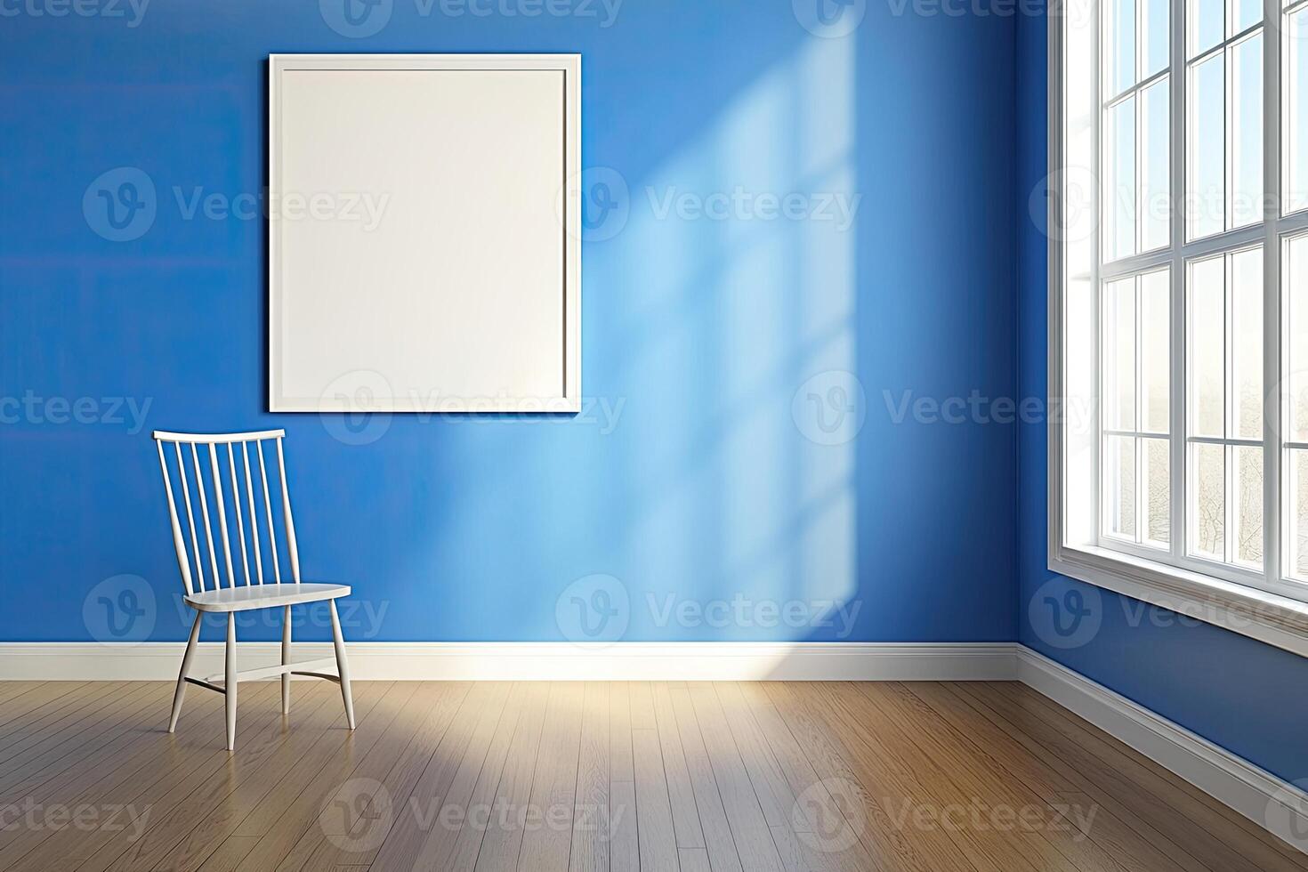Empty room with a framed canvas, sunlight, and a chair photo