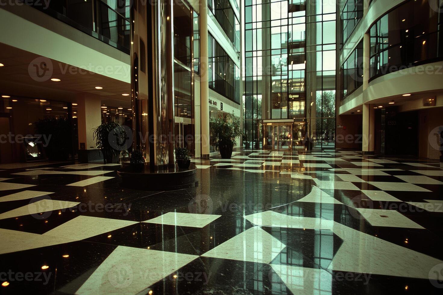 Modern, spacious lobby with polished black and white patterned floor photo