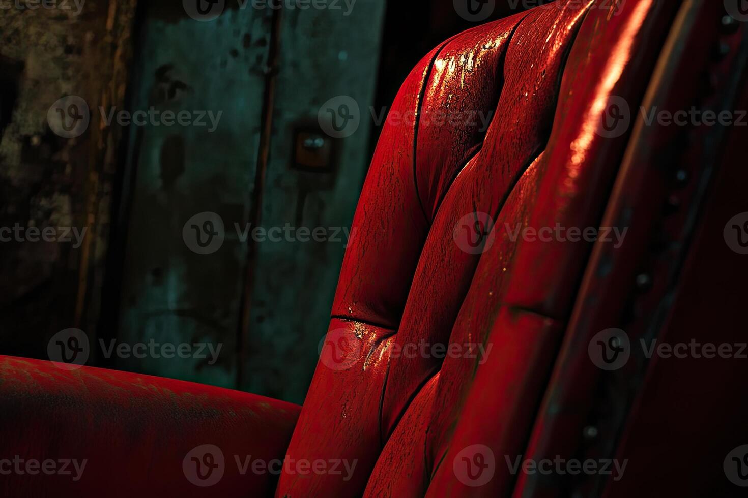 Red leather armchair detail in a dimly lit room photo