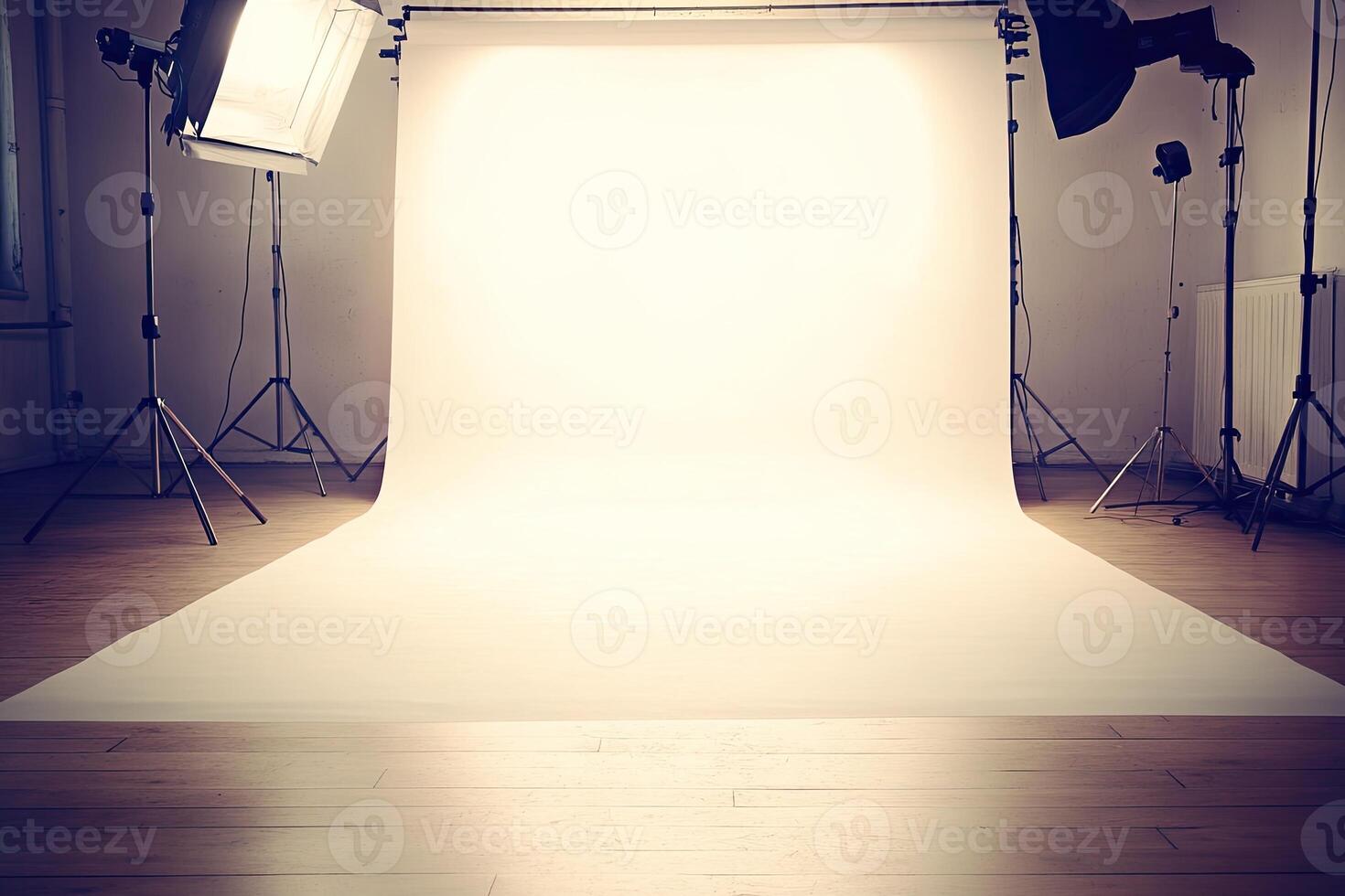 Empty photography studio with white backdrop photo