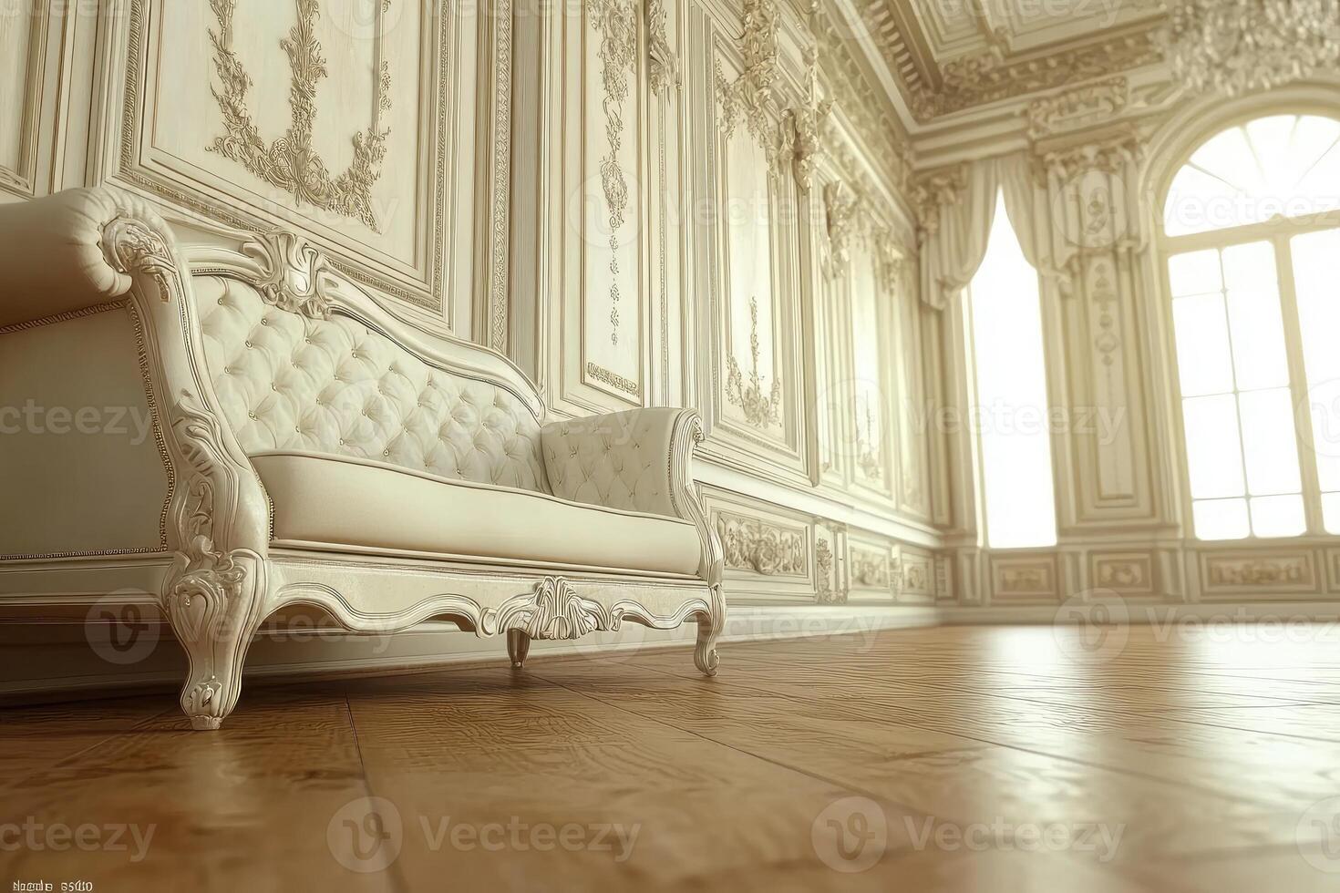 Ornate, cream-colored, lavish room with a luxurious couch photo