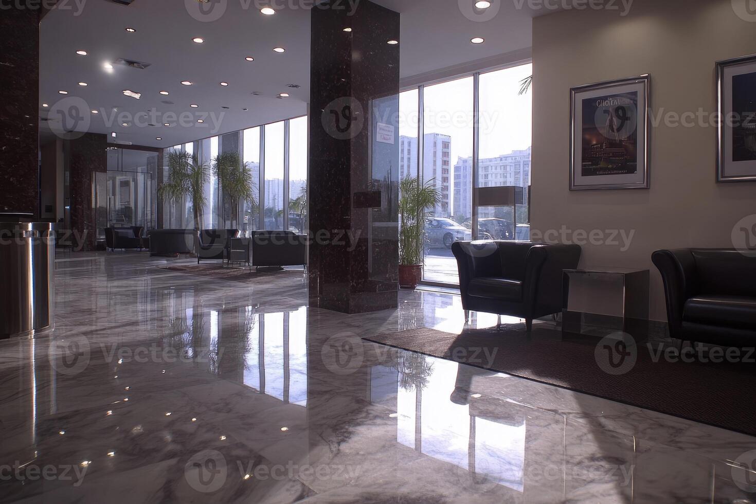 Modern, bright lobby with polished marble floors and dark furniture photo
