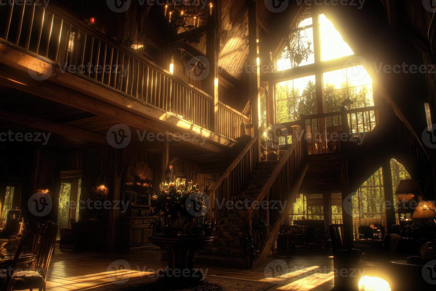 Rustic grandeur interior. Sunlight streams through large windows, illuminating a grand hall photo