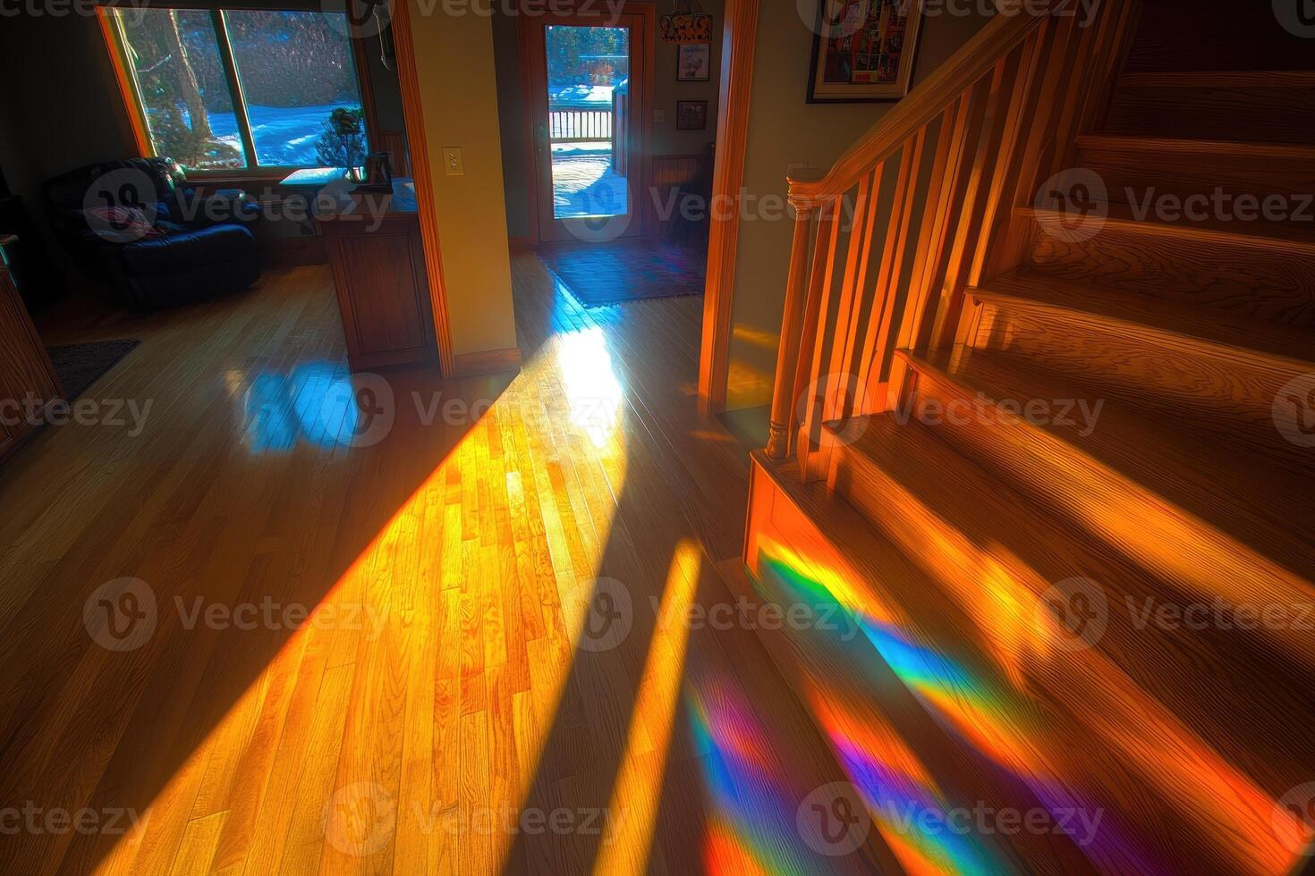 Sunlight streams through a doorway, illuminating a wooden floor with rainbows photo