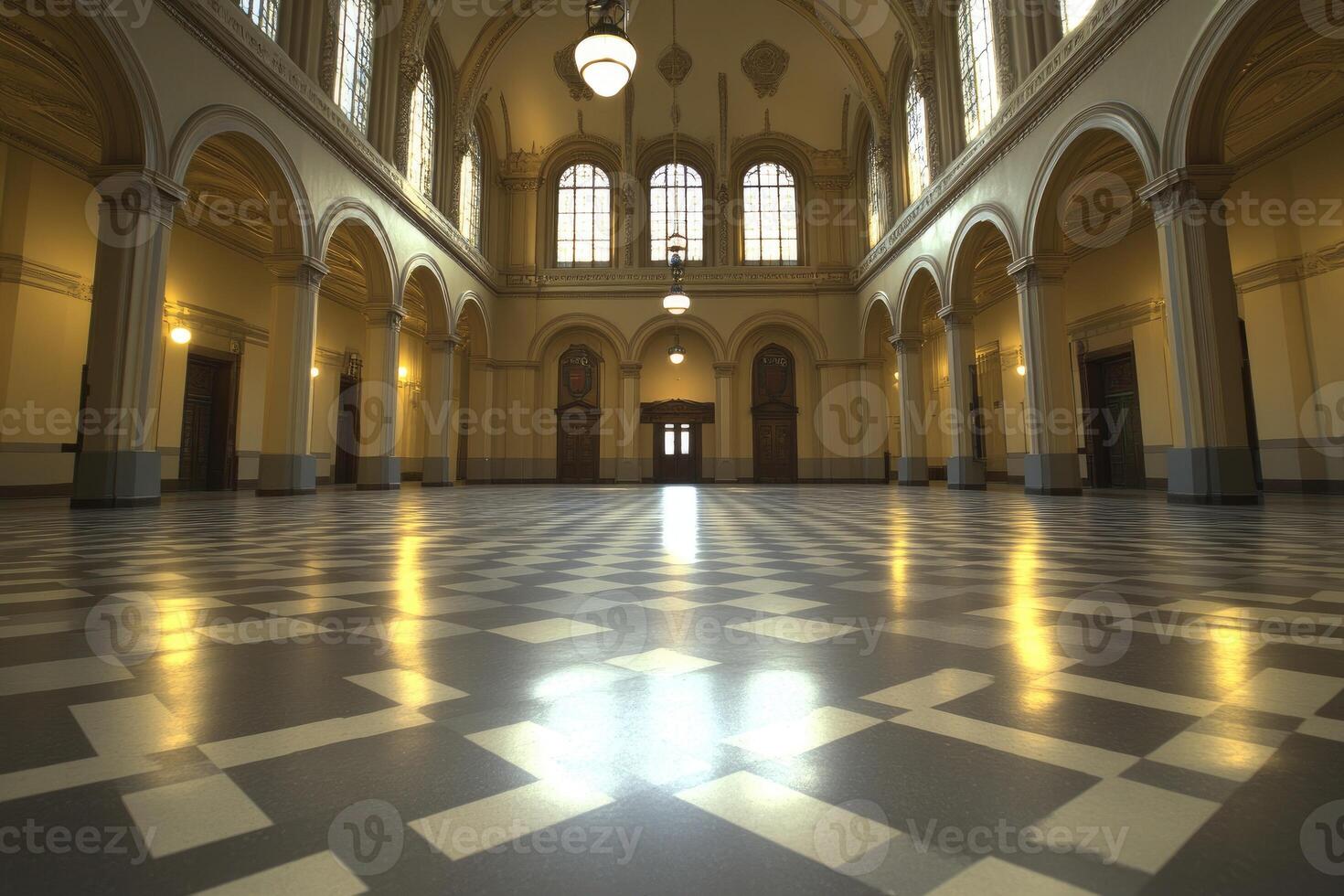 Grand hall with arched windows and columns photo