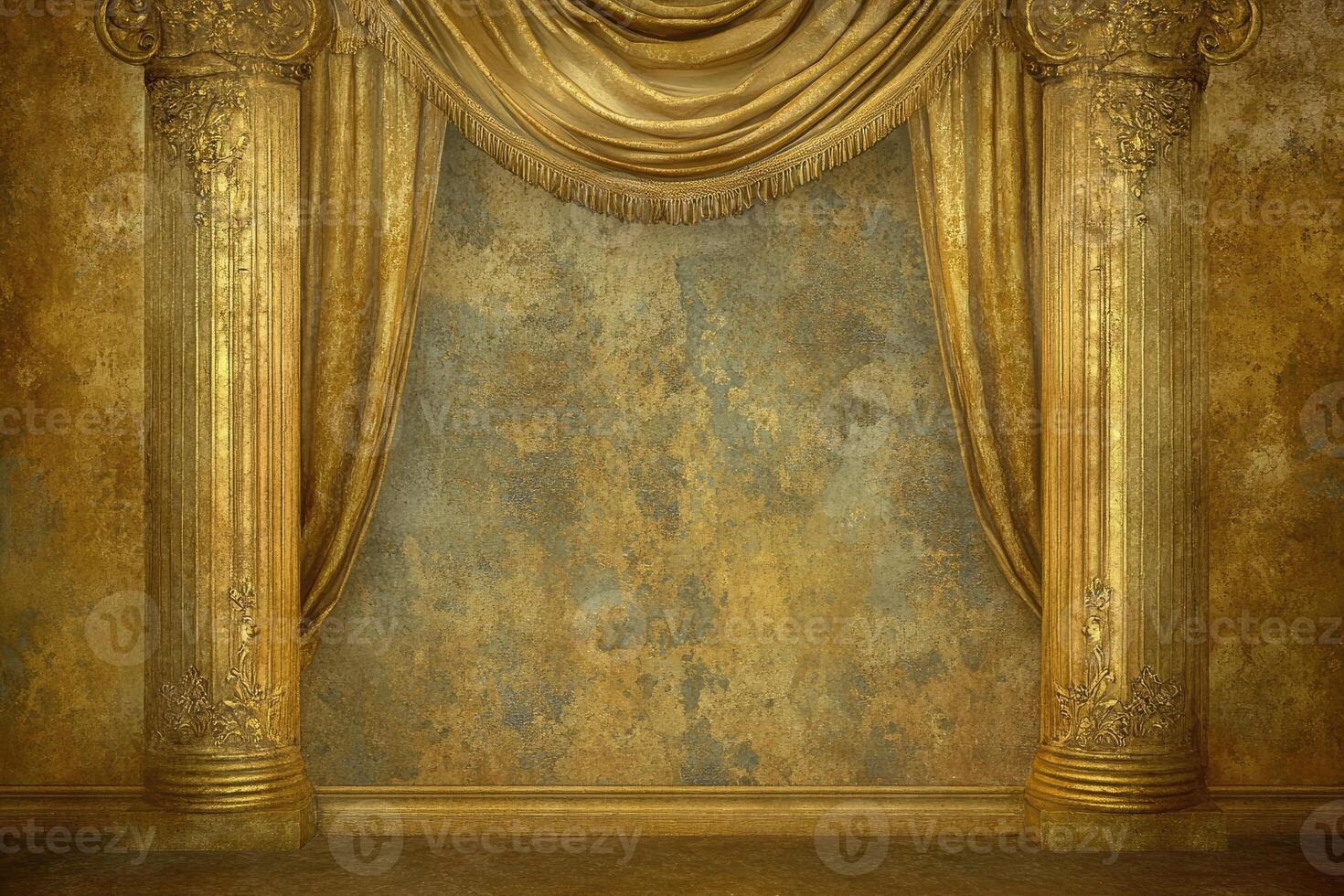 Golden columns, opulent drapes, aged wall photo