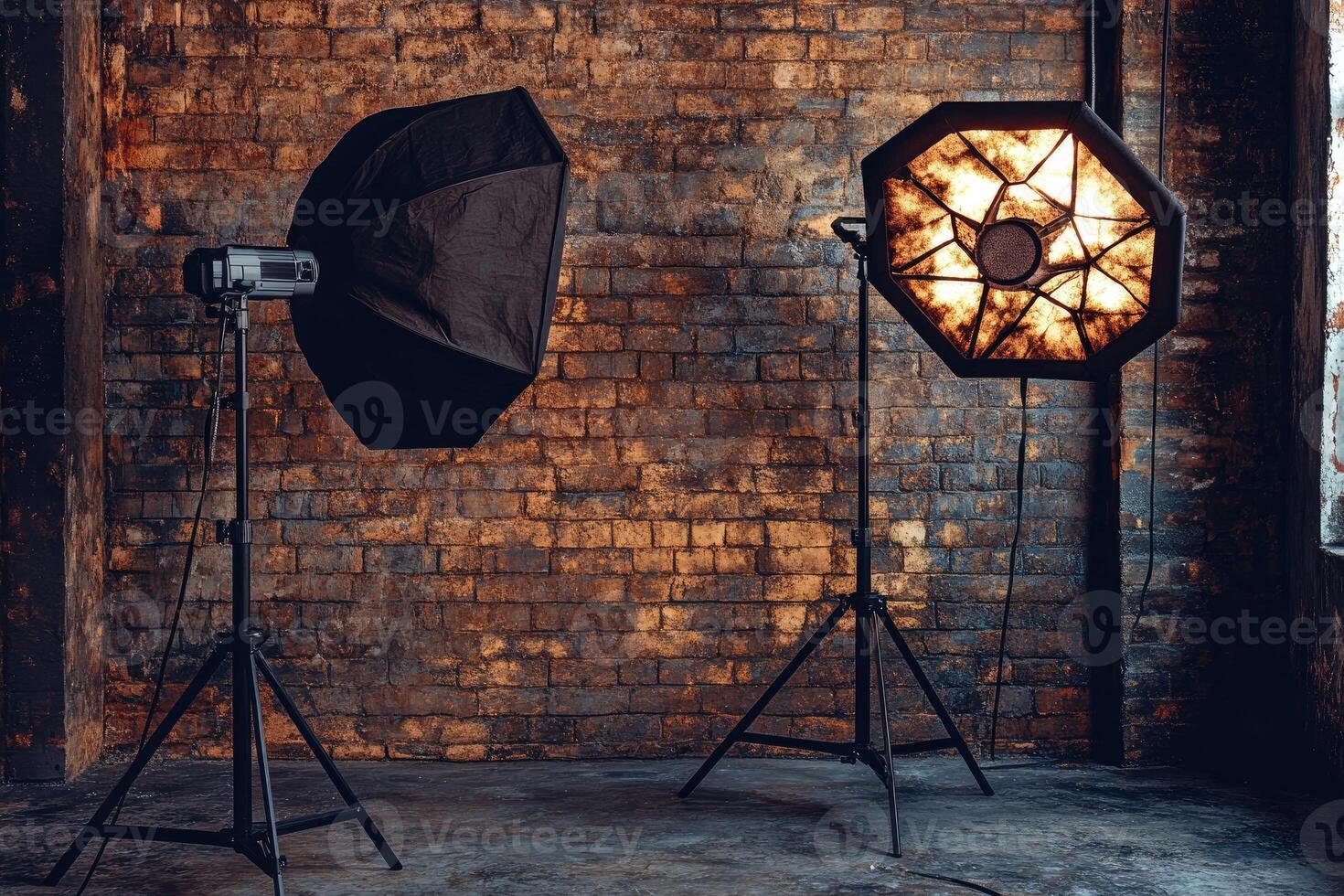 Studio lighting setup against brick wall photo