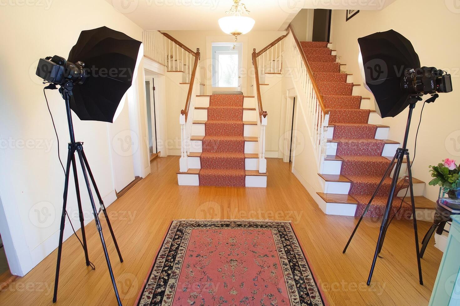 Elegant foyer with dual staircase, professional photography setup photo