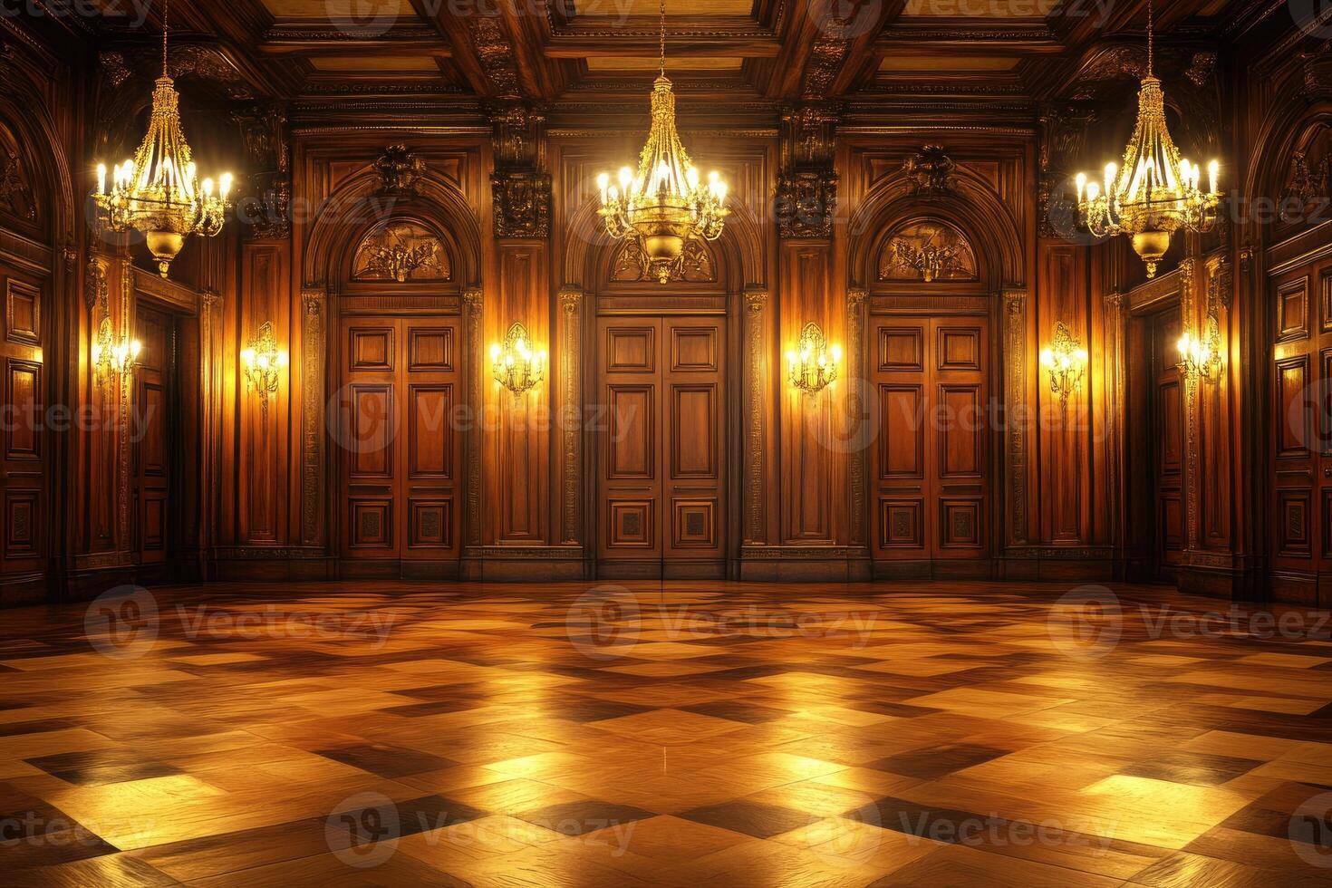 Grand hall of a stately mansion. Ornate wooden walls, chandeliers, and opulent flooring photo