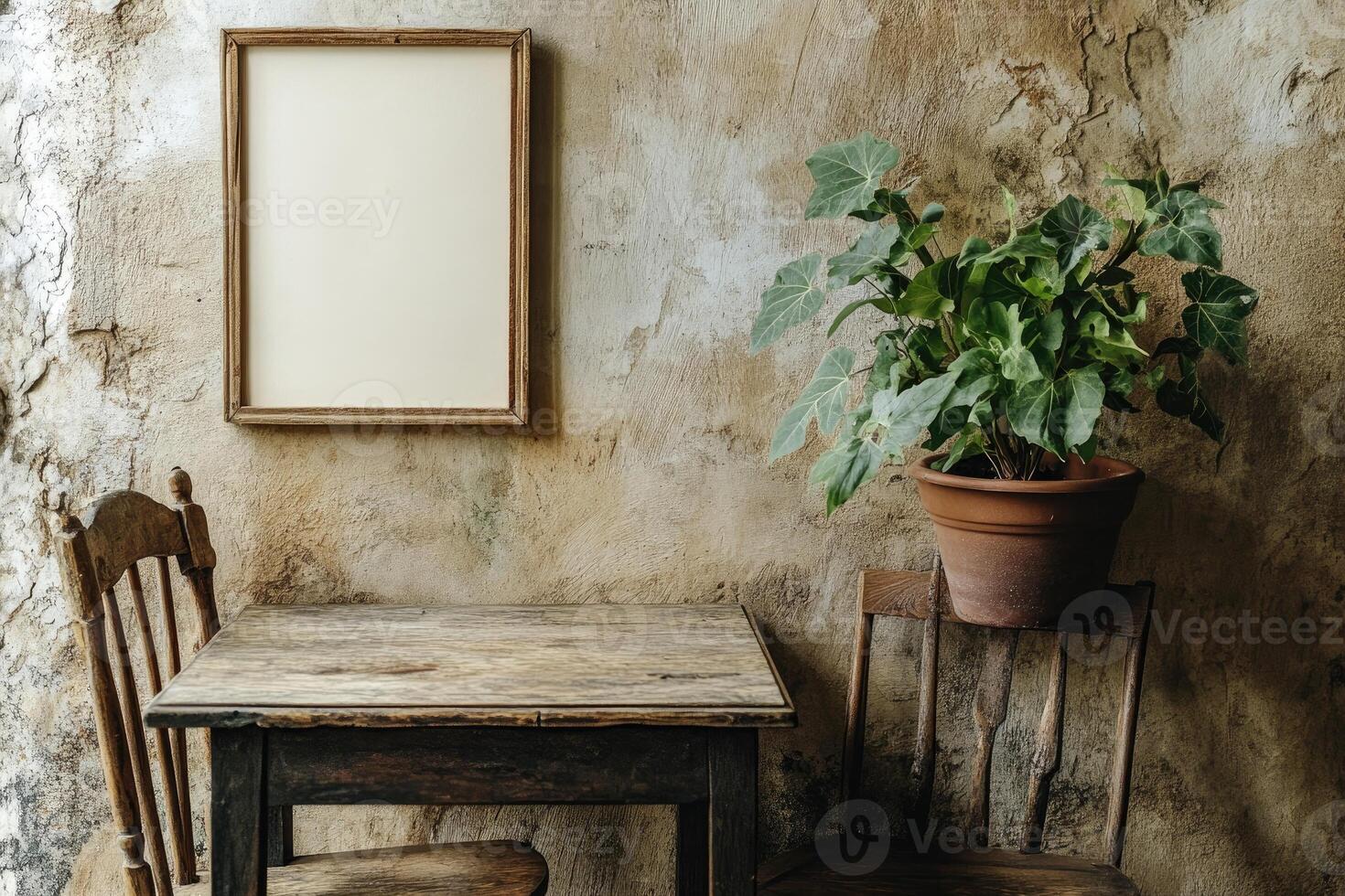 Rustic, vintage-style, interior scene with a blank frame, plant, and table photo