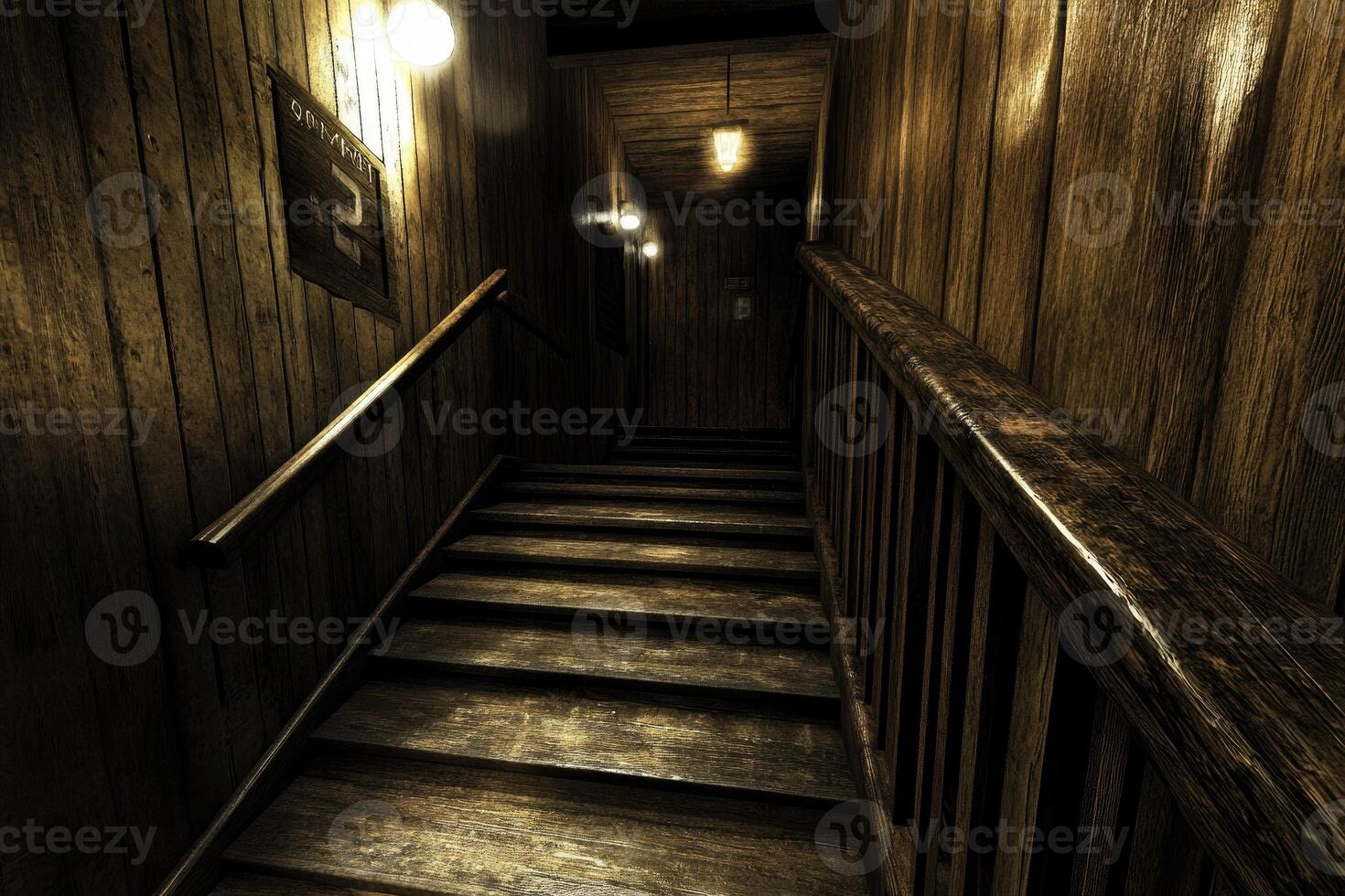 Dark wooden staircase in an old house photo