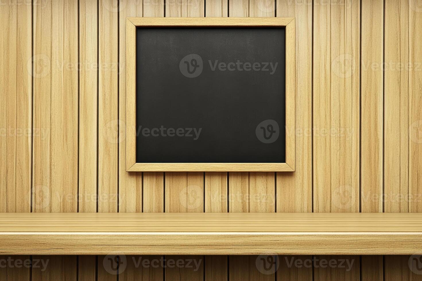 Empty wooden shelf with a framed chalkboard photo