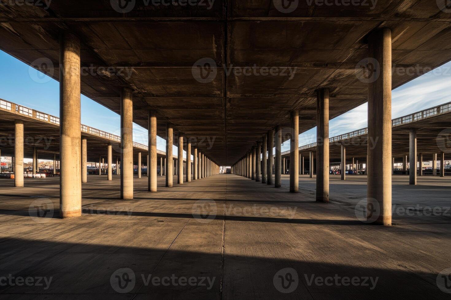 Empty concrete parking garage, sunlight streams through photo