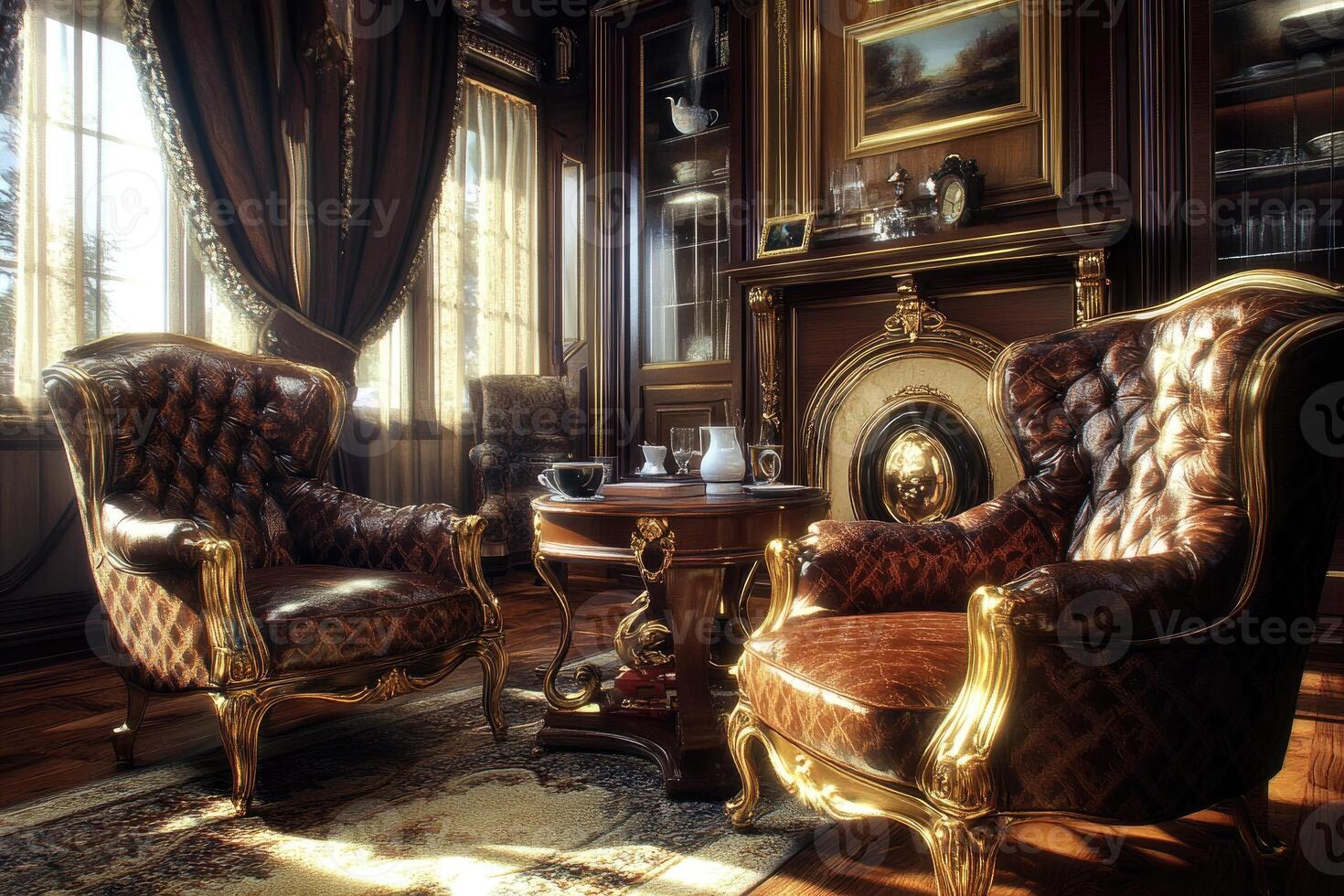 Luxurious, antique-style sitting room with rich, dark wood paneling and opulent leather armchairs photo