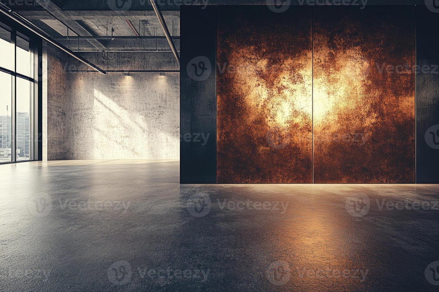 Industrial loft space with warm accent wall photo